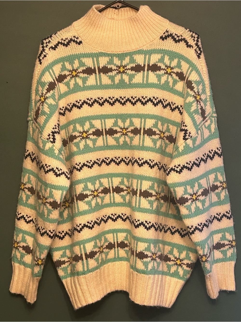 American Eagle Oversized Fair Isle Mock Neck Sweater Cream Teal
